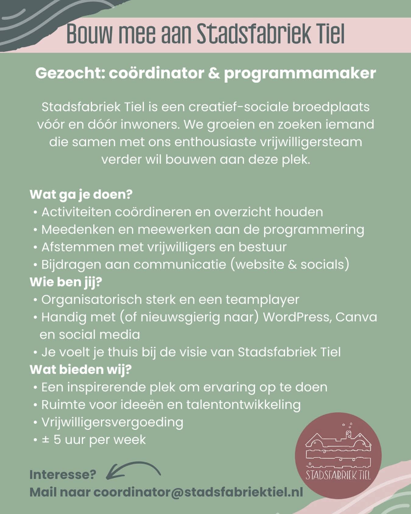 vacature coordinator stadsfabriek Tiek - febr 2026